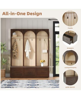  Farmhouse Arched Hall Tree Bench with Drawers
