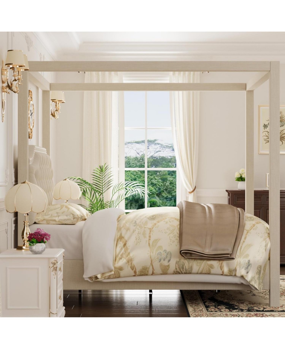 gaomonUpholstered Canopy Bed Frame with Headboard Button Tufted Nailhead Trim Design, No Box Spring Required