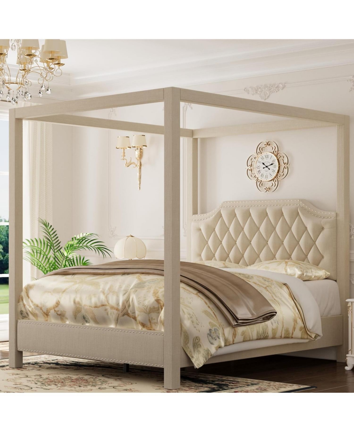 gaomonUpholstered Canopy Bed Frame with Headboard Button Tufted Nailhead Trim Design, No Box Spring Required