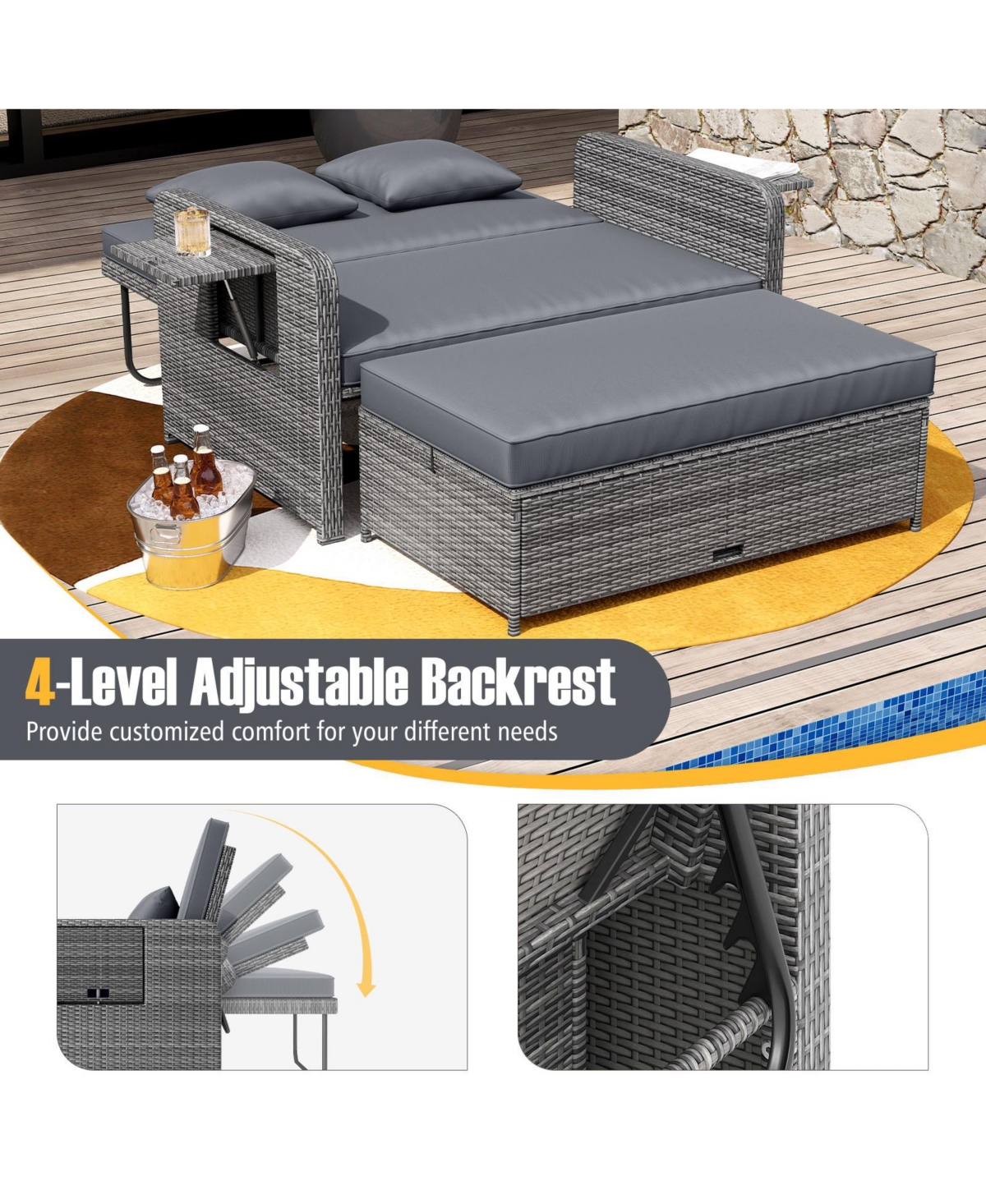 Gymax Patio Daybed Set Rattan Loveseat Sofa Set w/ Adjustable Backrest Cushions