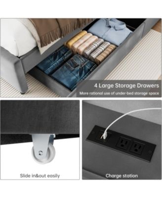 Bed Frame Upholstered Platform 4 Storage Drawers Diamond Tufted Headboard Wooden Slats No Box Spring Easy Assembly