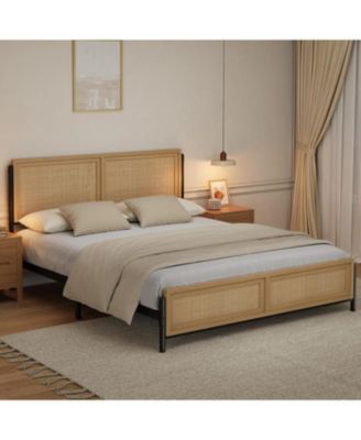 Bed Frame with Rattan Headboard & Footboard, Boho Wooden Platform Bed, No Box Spring Needed, Noise-Free, Easy Assembly