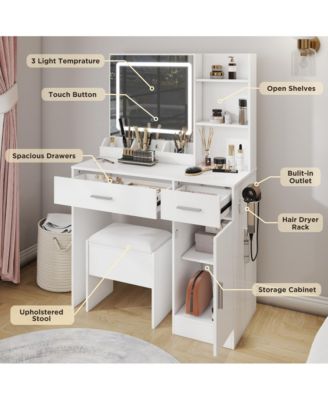 Makeup Vanity Table with LED Light Mirror, Charging Station, 2 Drawers and Storage Cabinet, Dressing Table Set with Stool for Bedroom