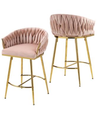 Velvet Bar Stools Set of 2 - Hand-Wave Back, Golden Chrome Base and Footrest, Counter Height Chairs for Kitchen Island, Home Pub