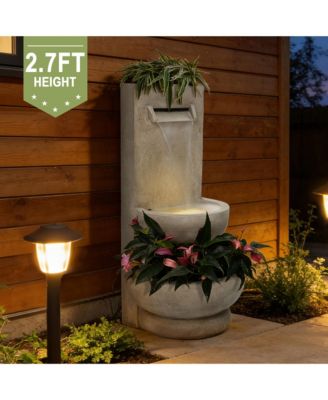 Tall Polyresin Fountain with Planter, Lighted Outdoor Water Feature