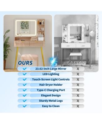 31" Mid-Century Modern Makeup Vanity Desk with Lighted Mirror, 2 Drawers and Cabinet