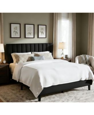  Velvet Upholstered Platform Bed Frame with Vertical Channel Tufted Headboard, Adjustable Height, Noise Free