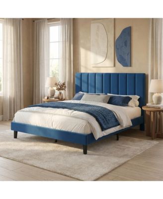 Queen Velvet Upholstered Platform Bed Frame with Vertical Channel Tufted Headboard, Adjustable Height, Fits 8–12" Mattress, Noise-Free