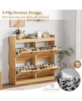 Shoe Cabinet Rattan with 4 Flip Drawers, Wooden Freestanding Shoe Organizer with Adjustable Shelves, Shoe Storage for Entryway, Closet