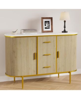 50" Mid Century Fluted Buffet Cabinet, Modern Coffee Bar Console Table with Faux Marble Top & Curved Sliding Doors, Storage Accent Cabinet