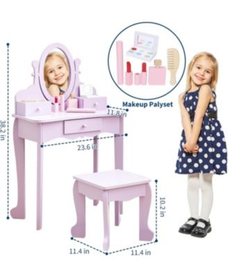 Kids Wooden Princess Vanity Set with Adjustable Mirror, Stool and Drawers