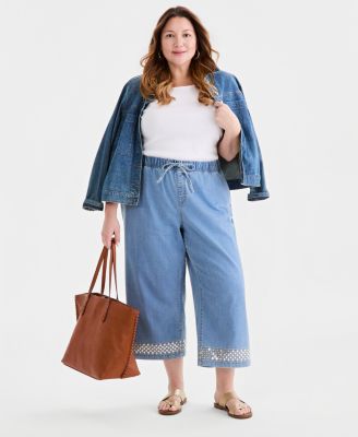 Plus Size Sequin-Trim High-Rise Wide-Leg Pants