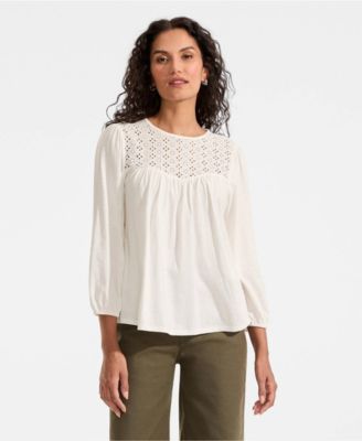 Women's 3/4 Sleeve Eyelet Mix Flowy Top