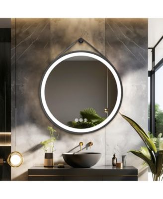 24" Black Circle Hanging Vanity Mirror for Wall with Leather Strap 3 Colors Dimmable for Bedroom Entryway