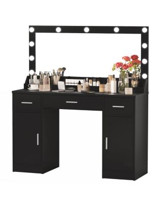 Vanity Desk with Large Mirror, 3 Color Lighting Modes, Adjustable Brightness