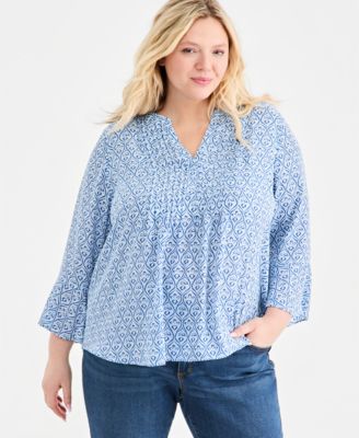 Plus Size Pintucked Bell-Sleeve Printed Top