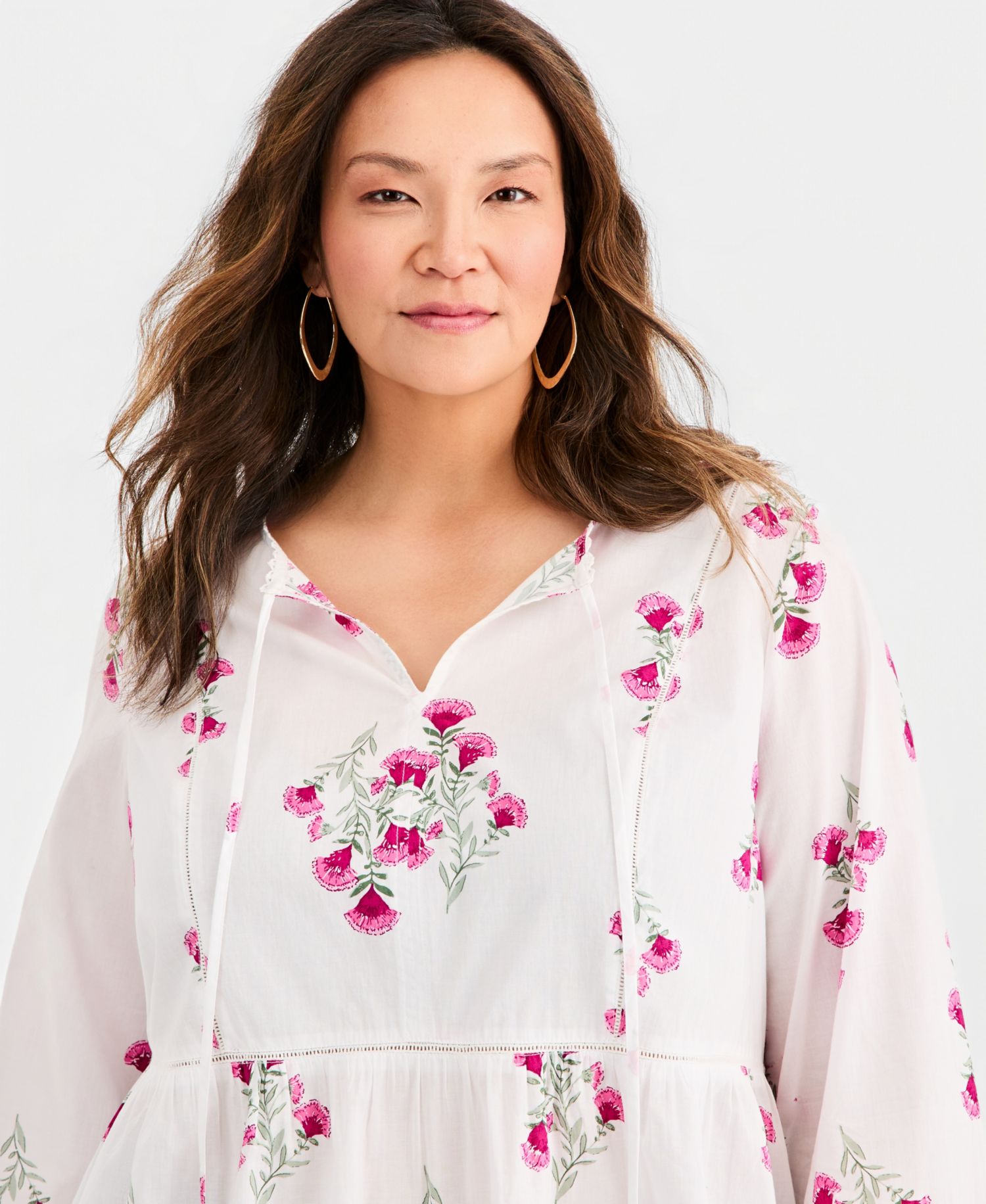 Plus Size Printed Split-Neck Peplum Popover Blouse