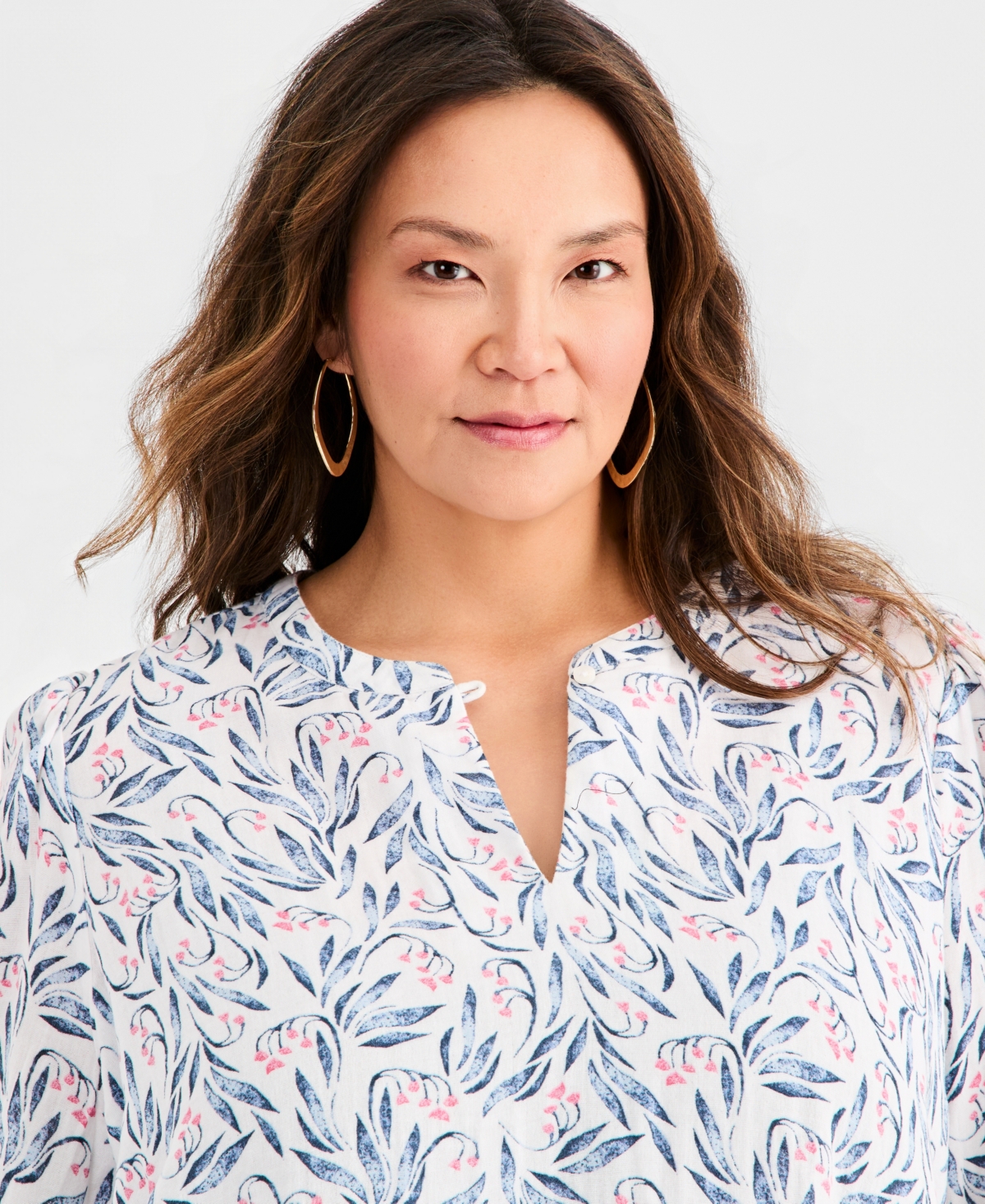 Style & Co Plus Cotton Gauze Printed 3/4-Sleeve Top, Macy's Exclusive