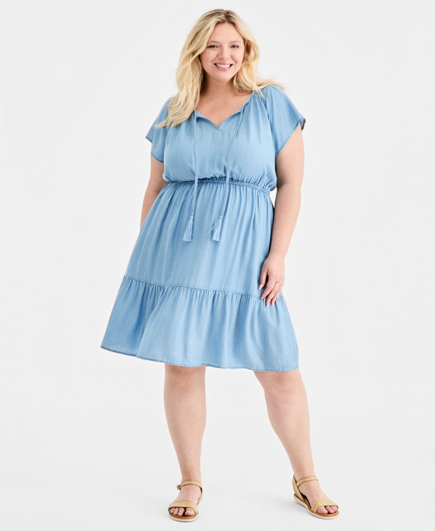 Plus Size Chambray Tiered Midi Dress