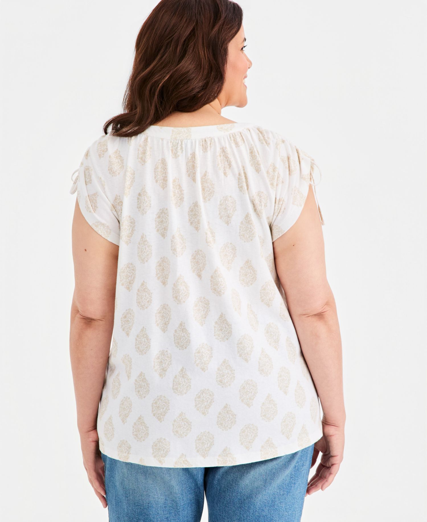 Plus Size Printed Ruched-Shoulder Boat-Neck Top