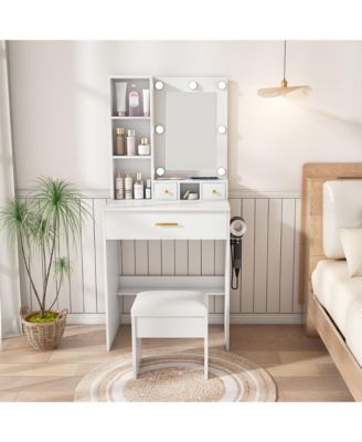 Dressing Table Set with Stool - Mini Makeup Vanity Desk with LED Lighted Mirror, Power Outlet and Hairdryer Holder for Bedroom