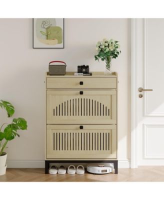 Shoe Storage Cabinet with 2 Flip Drawer, Shoes Organizer with with Top Drawer，Hollow Out Panel And Square Handles