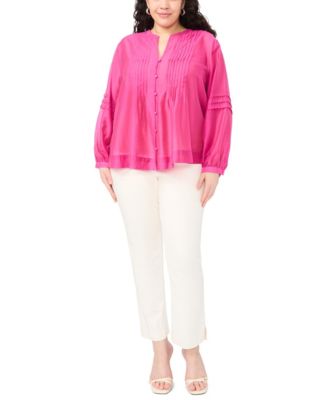 Plus Size Stand Collar Front Shoulder Pleats Button-Down Top