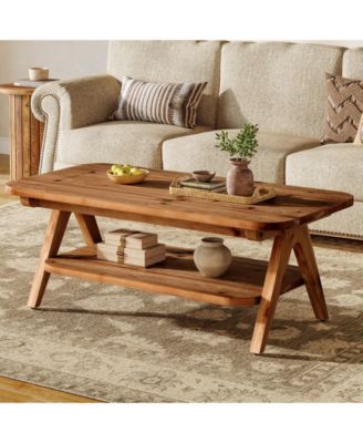 2-Tier Solid Wood Coffee Table, 47.2" Rustic Wooden Rectangular Center Table