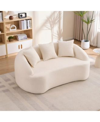 Curved Off-White Chenille Loveseat Couch with 3 Pillows
