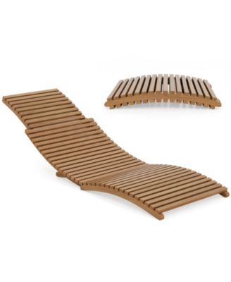 Outdoor Folding Teak Wood Chaise Lounge Chair w/Curved Lying Area for Poolside