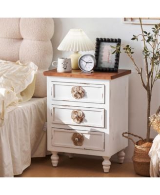  Vintage Farmhouse End Table - Rustic Nightstand, 3 Drawers, Distressed