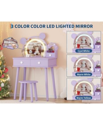 Kids Wooden Vanity Table and Chair Set with Touch Control Lighted Mirror and Drawers
