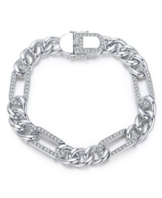Sterling Silver White Gold Plated Cubic Zirconia Paper Clip Curb Chain Bracelet