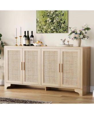 4-Door Sideboard Buffet Cabinet, Rattan Storage Cabinet, Boho Entryway Console Table, Coffee Bar Station for Dinning Room, Living Room