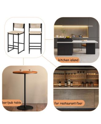 Paper Rope Woven Bar Stools Set of 2, 25'' Counter Height Chairs with Back, Footrest for Kitchen Island, Home Pub