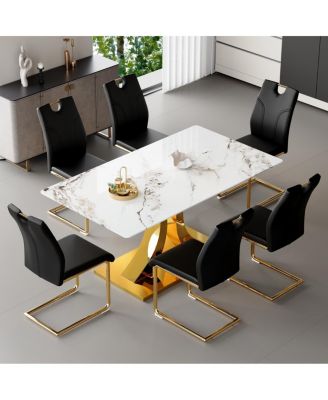 Marble dining table and chair set with gold decoration - modern