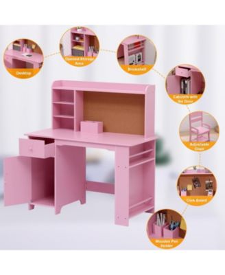 Kids Desk and Chair Set, Wooden Study Table with Storage Shelf, Bulletin Board, Children School Learning Desk Set, Writing Table