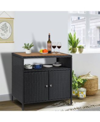 Patio Outdoor Wicker Storage Cabinet with Shelf,Powder Coated Steel,Patio Bar Table with 2-Door and Shelf,All Weather Resin Wicker