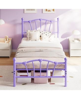 Twin Kids Bed Frame with Headboard & Footboard, Heart-Shaped Metal Platform Bed, Strong Steel Slats, Noise-Free, No Box Spring