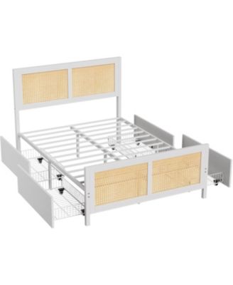 Full Rattan Bed Frame with LED Headboard 4 Drawers Metal Slats No Box Spring White Easy Assembly
