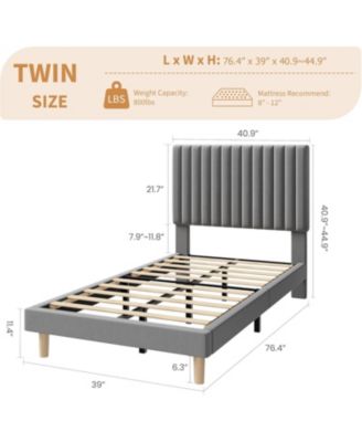 Twin Size Velvet Platform Bed Frame with Vertical Channel Tufted Adjustable Headboard, Wooden Slats Support, No Box Spring Needed