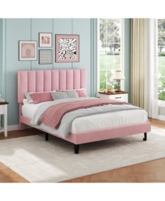Velvet Upholstered Platform Bed Frame with Adjustable Headboard, No Box Spring Needed, Easy Assembly.