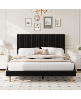 Velvet Platform Bed Frame with Vertical Channel Tufted Adjustable Headboard, Strong Wood Slats, No Box Spring Needed