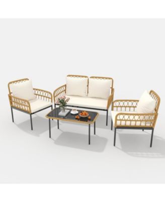 4 Pieces Outdoor Patio Furniture Set with Table, All-Weather Boho Wicker Rattan Patio Sectional L-Shaped Sofa, Metal Frame, Detachable Cushions