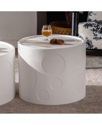 Round Handcrafted Relief Wooden Side Table for Living Room