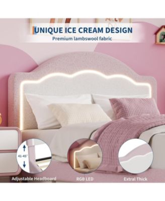 Kids Bed Frame with LED Headboard, Sherpa Upholstered Platform Bed with Storage Drawer, Wooden Slats, Easy Assembly