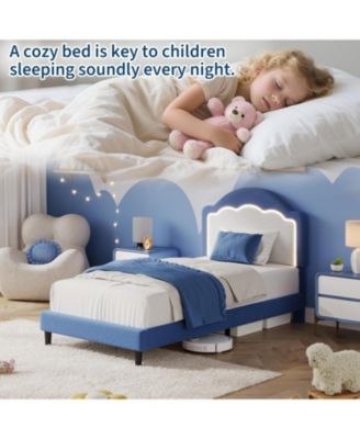 Twin Kids Upholstered Bed with LED Headboard, Plush Sherpa Fabric, Wooden Slats Support, Easy Assembly