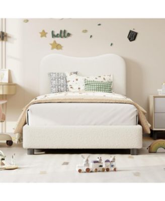 Velvet Upholstered Bed Frame Boucle Headboard Rounded Corners Low Profile Wood Slats