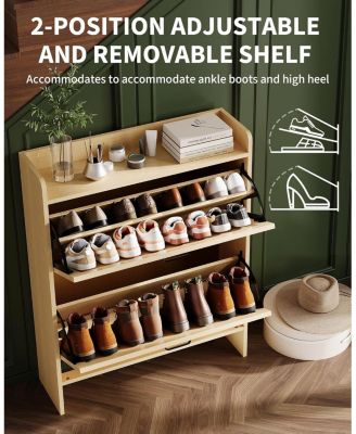 Narrow Freestanding Shoe Storage Cabinet with 2 Flip Drawers