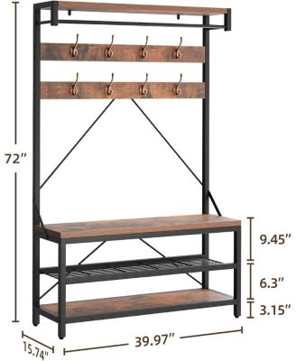 72" Industrial Hall Tree with Shoe Bench, Storage Shelf and 8 Double Hooks